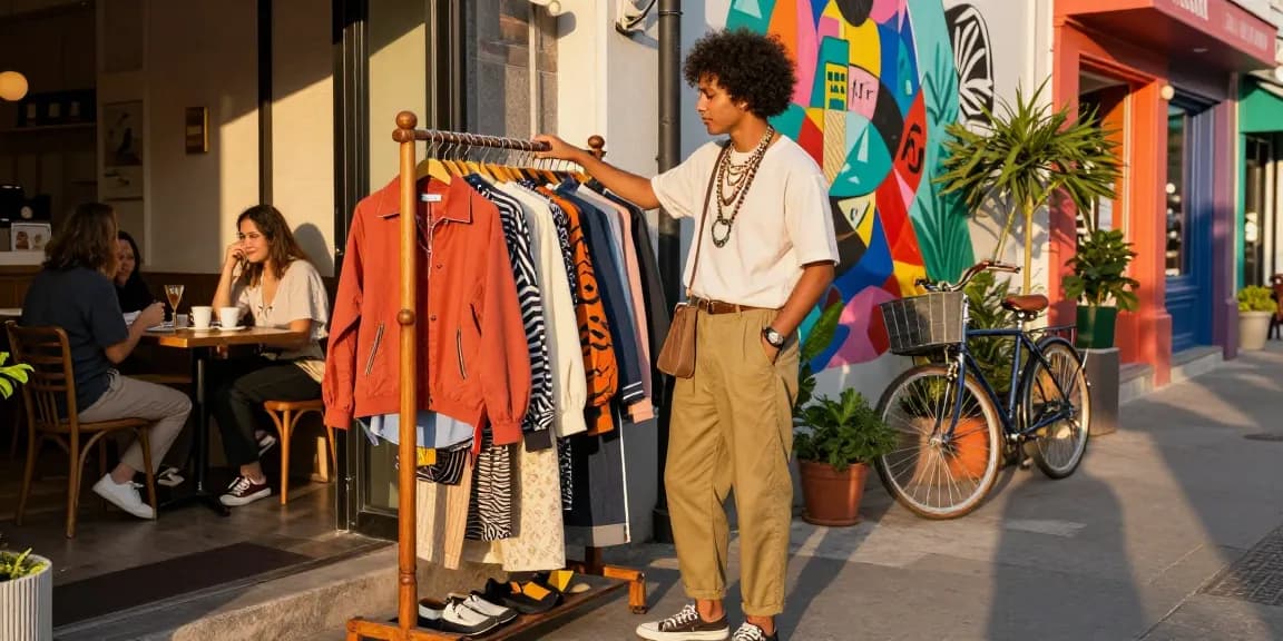 Stylish individual exploring fashion collection at https://www.sukan8a.com/ in an urban setting with vibrant artwork and boutiques.
