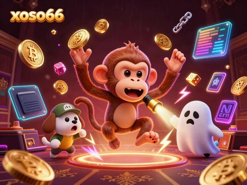Experience the excitement at xoso66 with a playful ghost and a curious puppy in a vibrant casino scene.