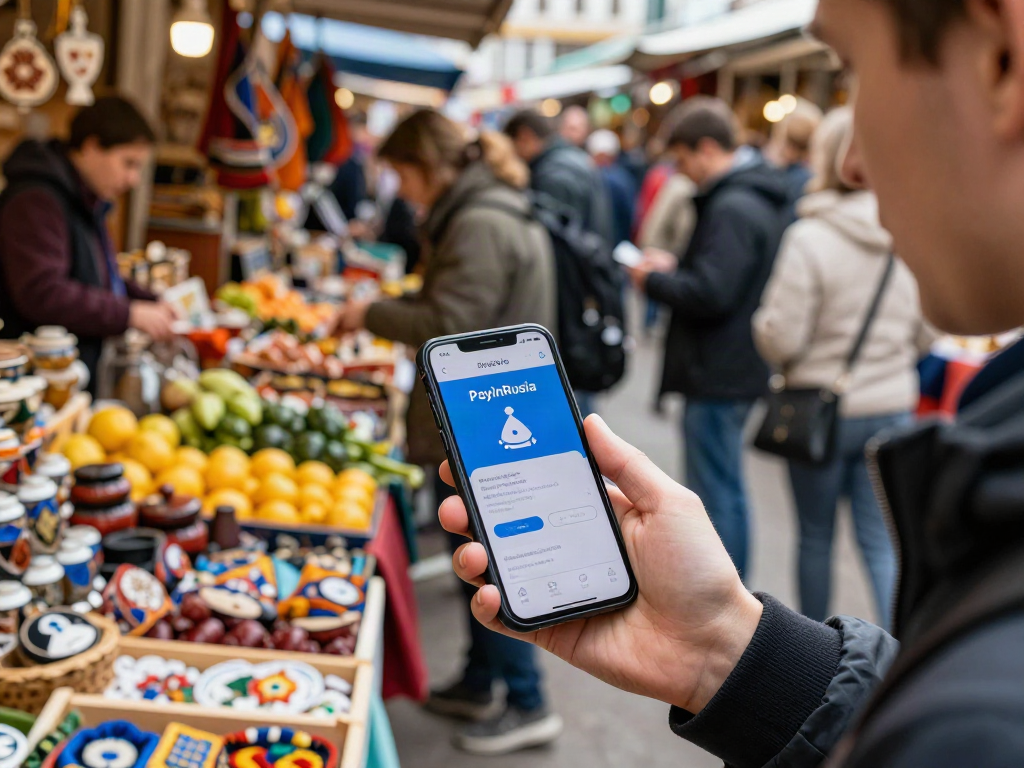 Pengguna aplikasi PayinRussia.com di pasar Rusia, dikelilingi oleh gerai makanan tempatan dan pelancong lain.
