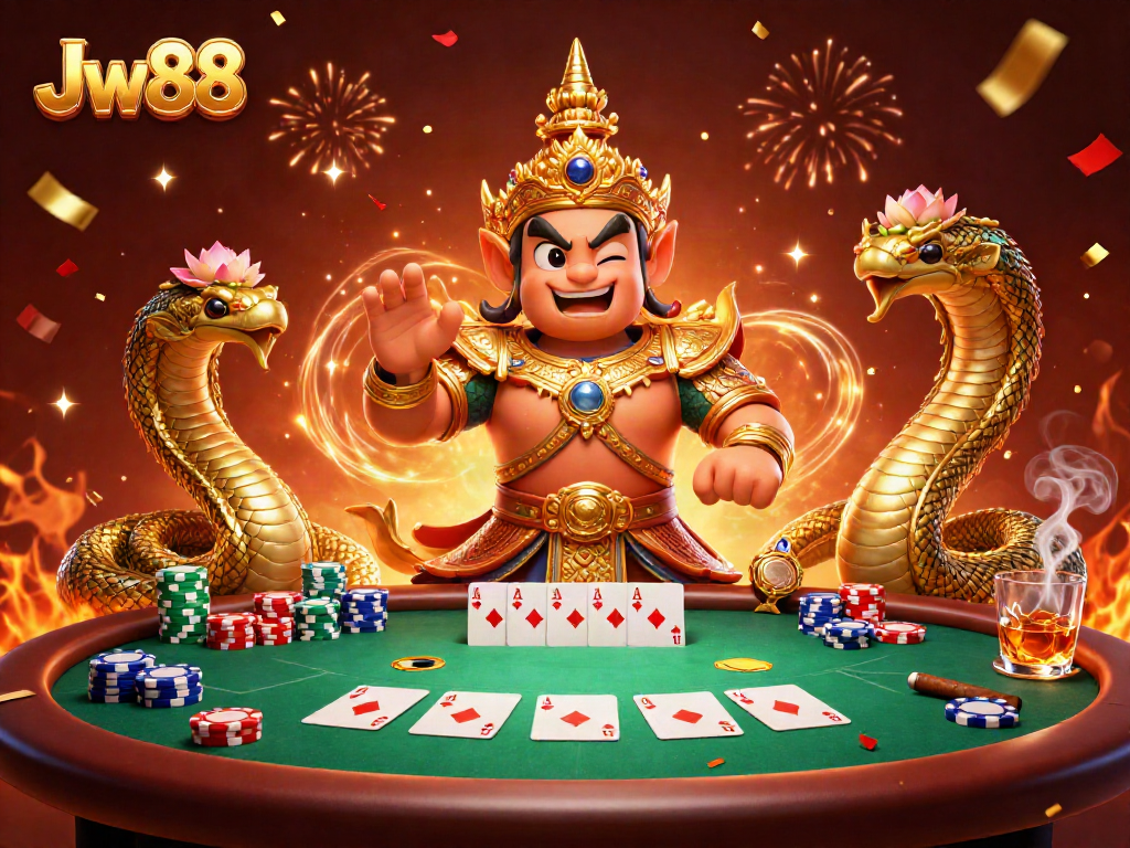 Experience the thrill of Jw88 gaming with vibrant casino elements in a lively 3D illustration.