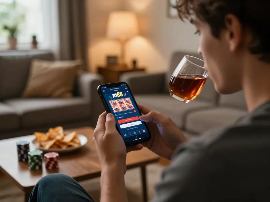 Engaging in online gameplay with m88 slot login interface in a cozy living room setup.