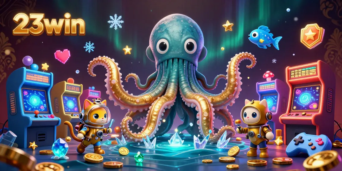 Engage with 23win's colossal kraken and diving cat in a 3D treasure-filled scene, embodying excitement.