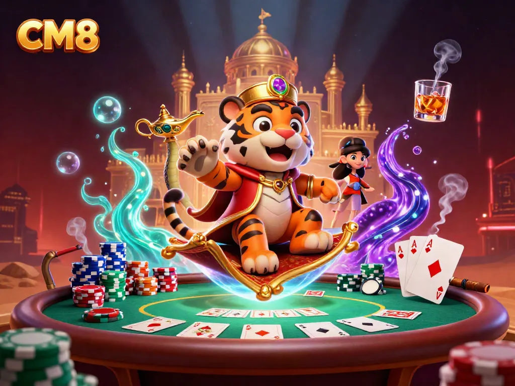 Experience the wonders of CM8, featuring a tiger sultan and magic lamp in a vibrant casino scene.
