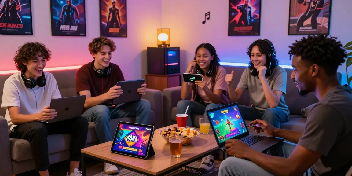 Engaged players enjoying gay porn games on various devices in a vibrant gaming space.