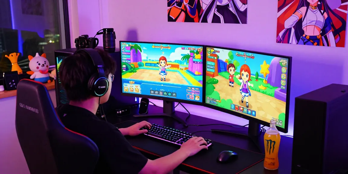 Engaged gamer playing a vibrant hentaigame with colorful graphics on dual monitors, energetic gaming atmosphere, and anime decor.