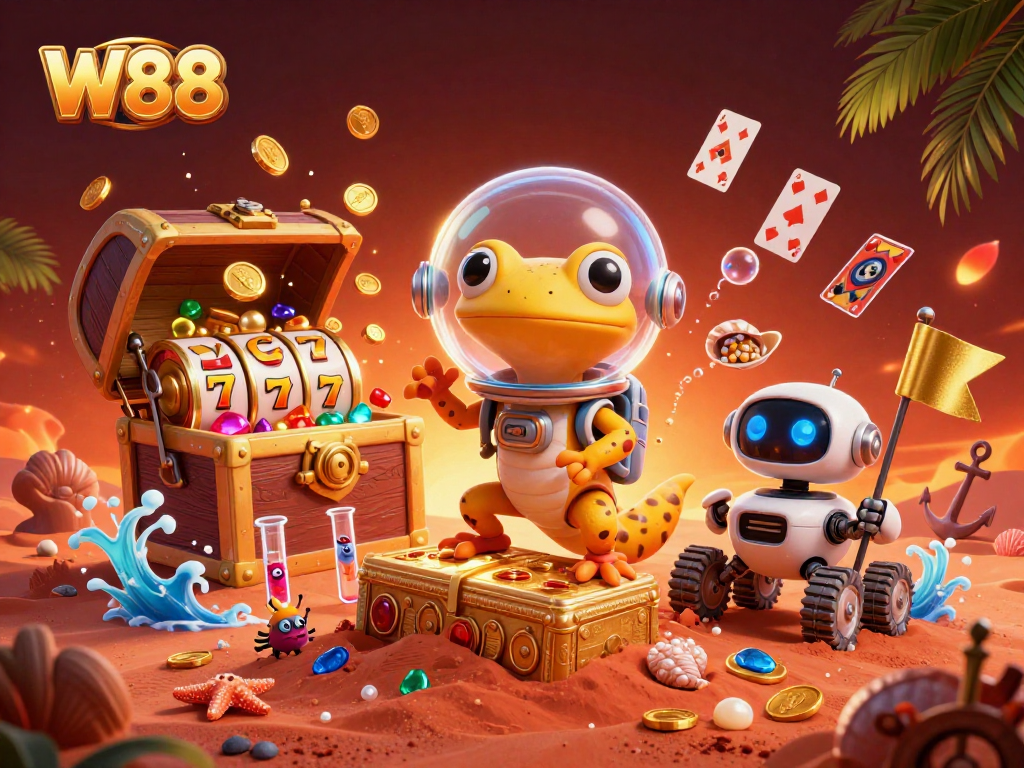 Experience the thrill of W88 with a Martian gecko discovering a golden casino.
