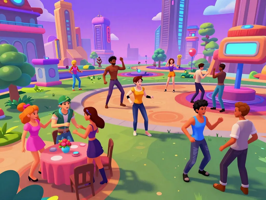 Engaging scene from a gay porn game featuring colorful characters in a vibrant digital city.