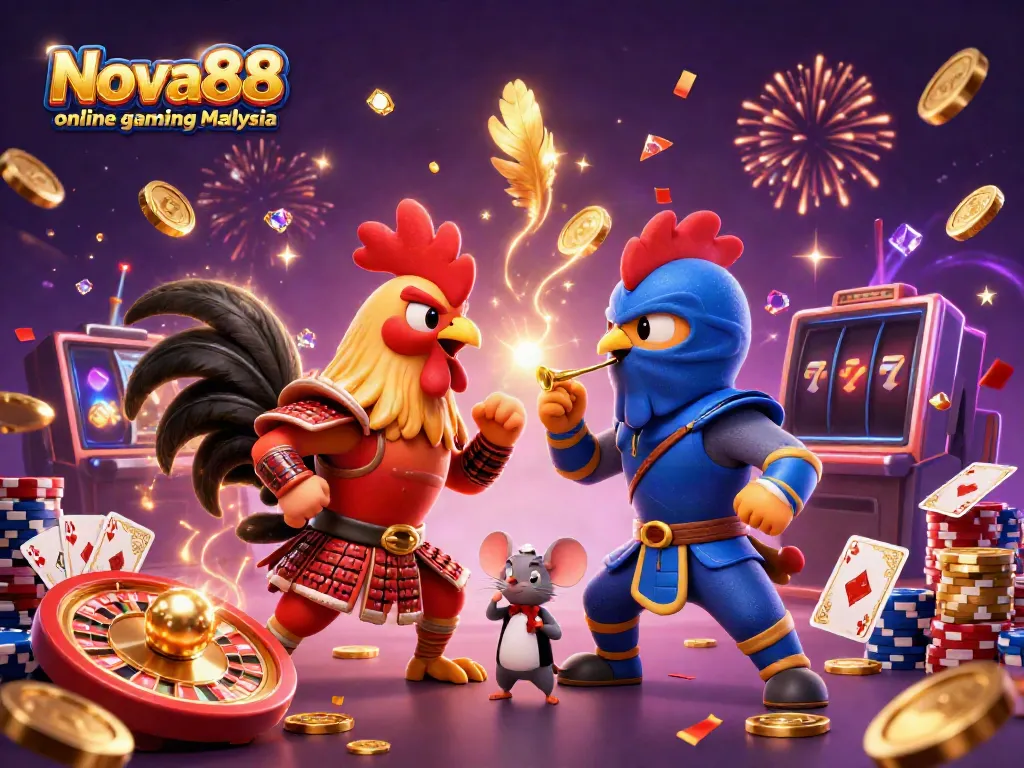 Experience thrilling Nova88 online gaming Malaysia with vibrant fighting roosters and dynamic casino elements.