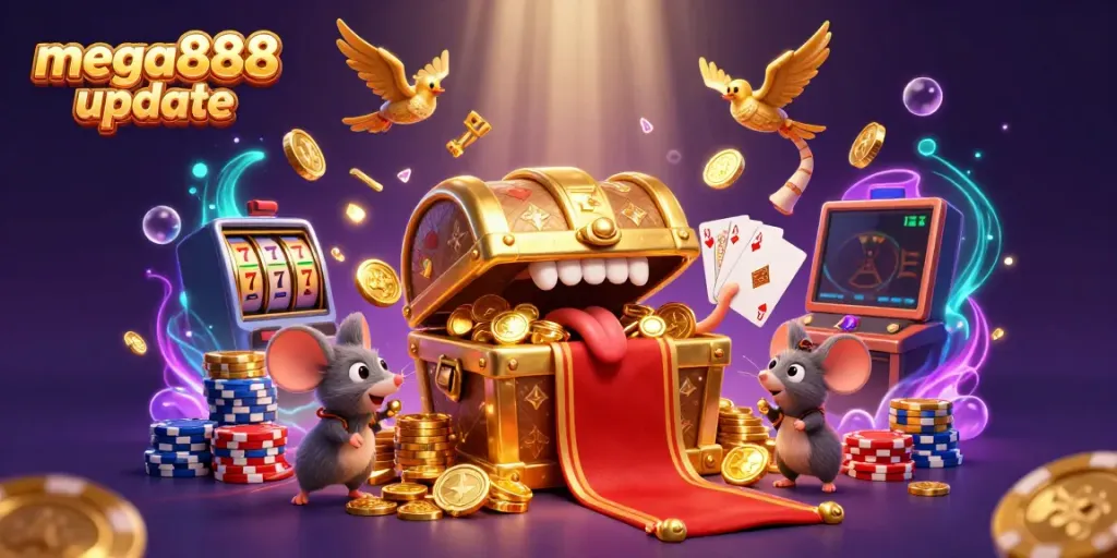 Experience the mega888 update with vibrant treasure-themed casino elements and lively characters in a 3D illustration.