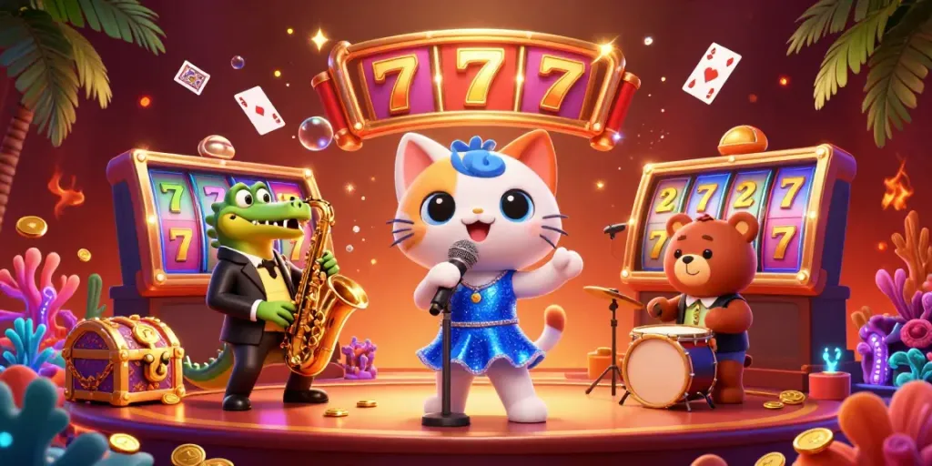 Experience thrilling slots at mrace88 with vibrant 3D characters in a casino scene.