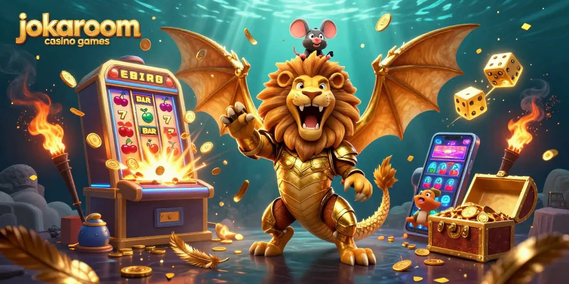Engage with jokaroom casino games illustrated with a golden chimera, jackpot slot machine, and vibrant casino elements.