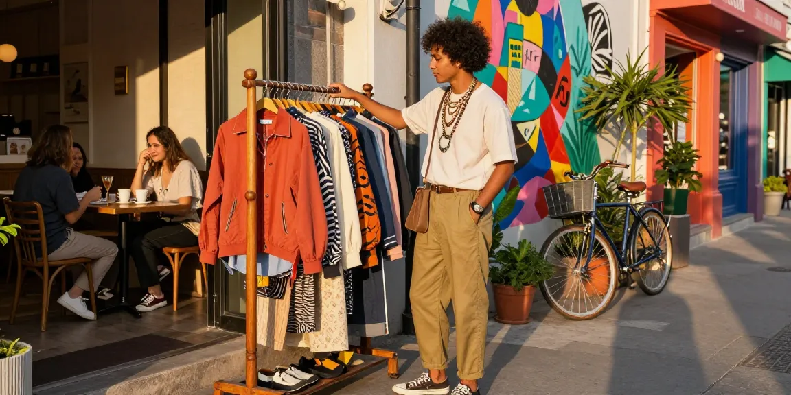 Stylish individual exploring fashion collection at https://www.sukan8a.com/ in an urban setting with vibrant artwork and boutiques.