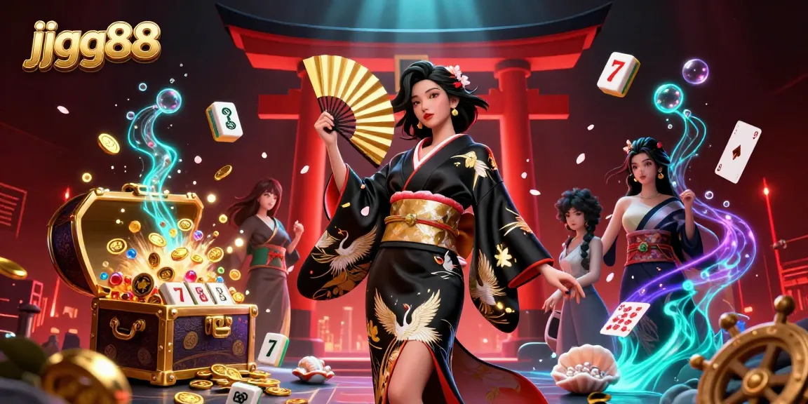 Engage with jjgg88's exciting casino scene featuring a sophisticated player amidst swirling slot reels and vibrant treasures.