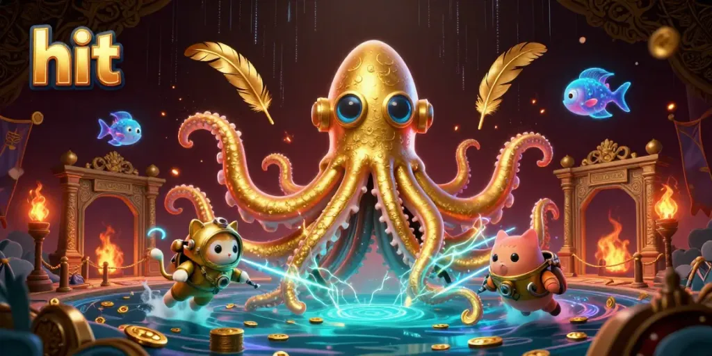 Engage in thrilling casino magic as hit elements swirl among a captivating kraken and diving cat.