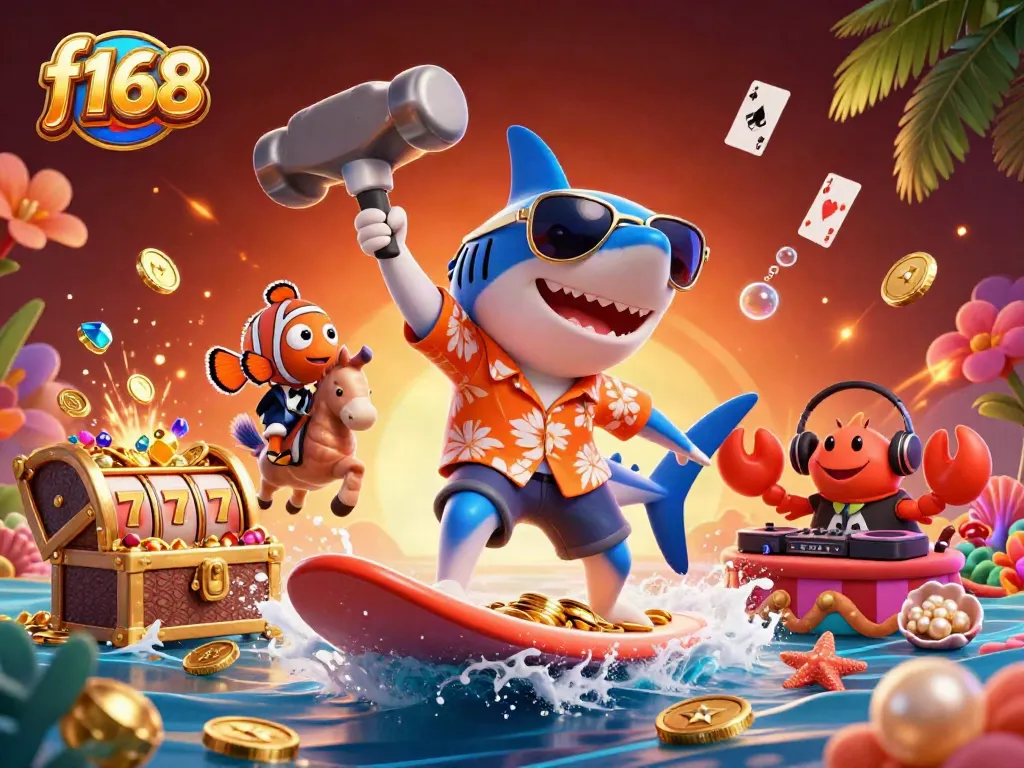 Spin and win with f168 in a vibrant casino scene featuring playful sea characters.