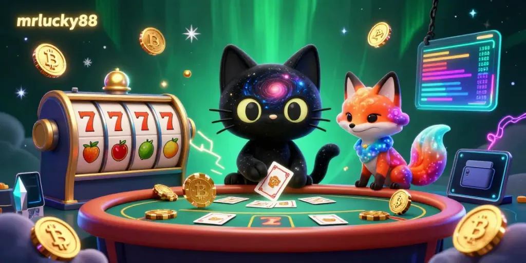 Experience the vibrant games at mrlucky88 with cosmic characters and glowing digital elements.
