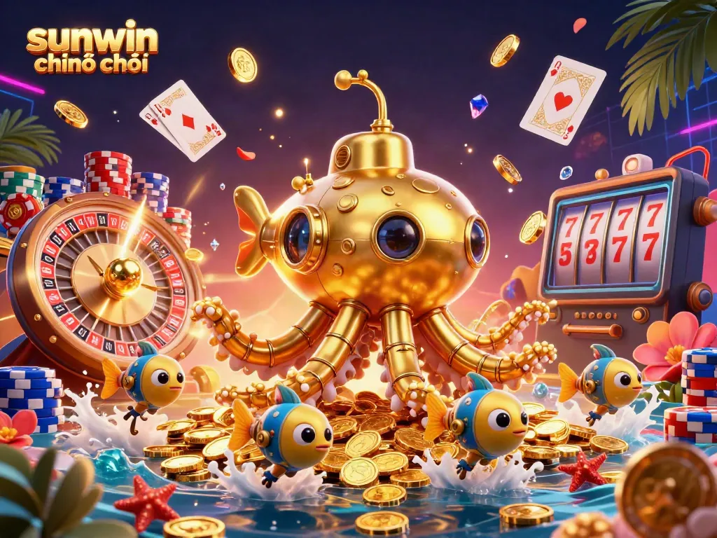 Play thrilling games at sunwin chính chủ with golden kraken submarine amidst vibrant casino elements.