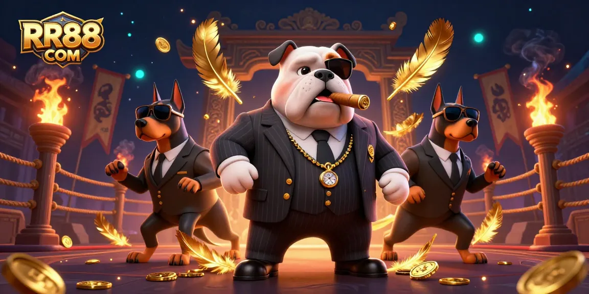 Engage with RR88 COM's thrilling gaming experience featuring a cartoon mafia boss and Doberman bodyguards.