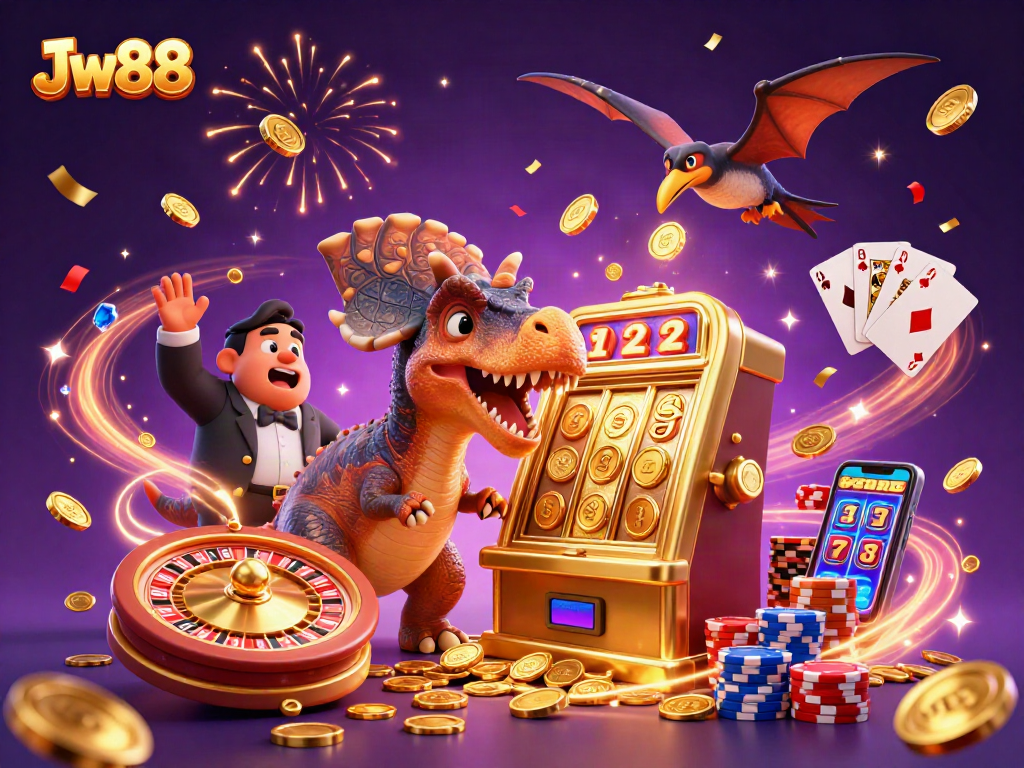 Jw88 casino features a cartoon dinosaur and manager celebrating a jackpot win amidst cascading coins.
