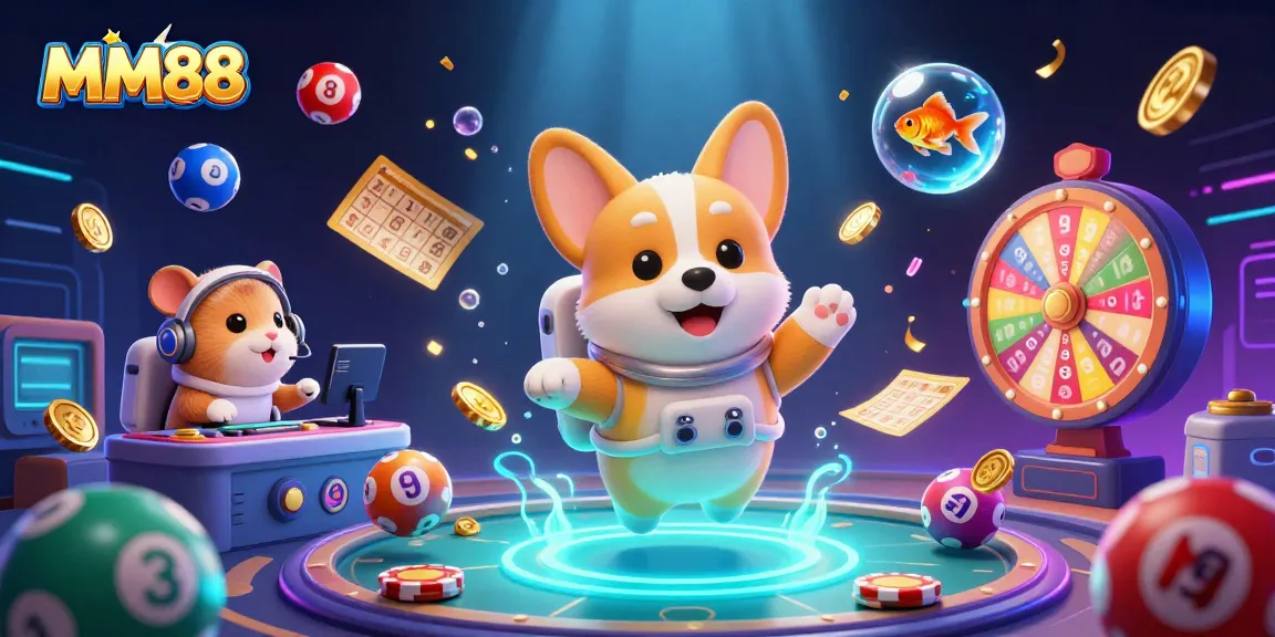 Engage with MM88's vibrant casino adventure featuring a cartoon corgi astronaut in zero gravity.