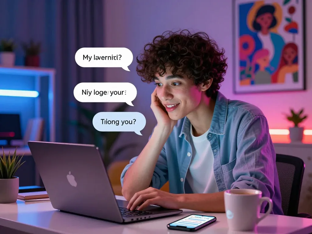 Engaging in playful NSFW AI chat interaction on a sleek laptop in a dimly lit, vibrant room.