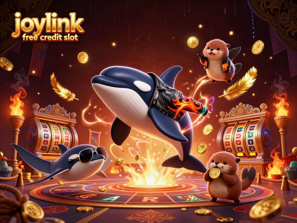 Engage with the joylink free credit slot featuring a dynamic 3D casino scene with animated characters and vibrant casino elements.