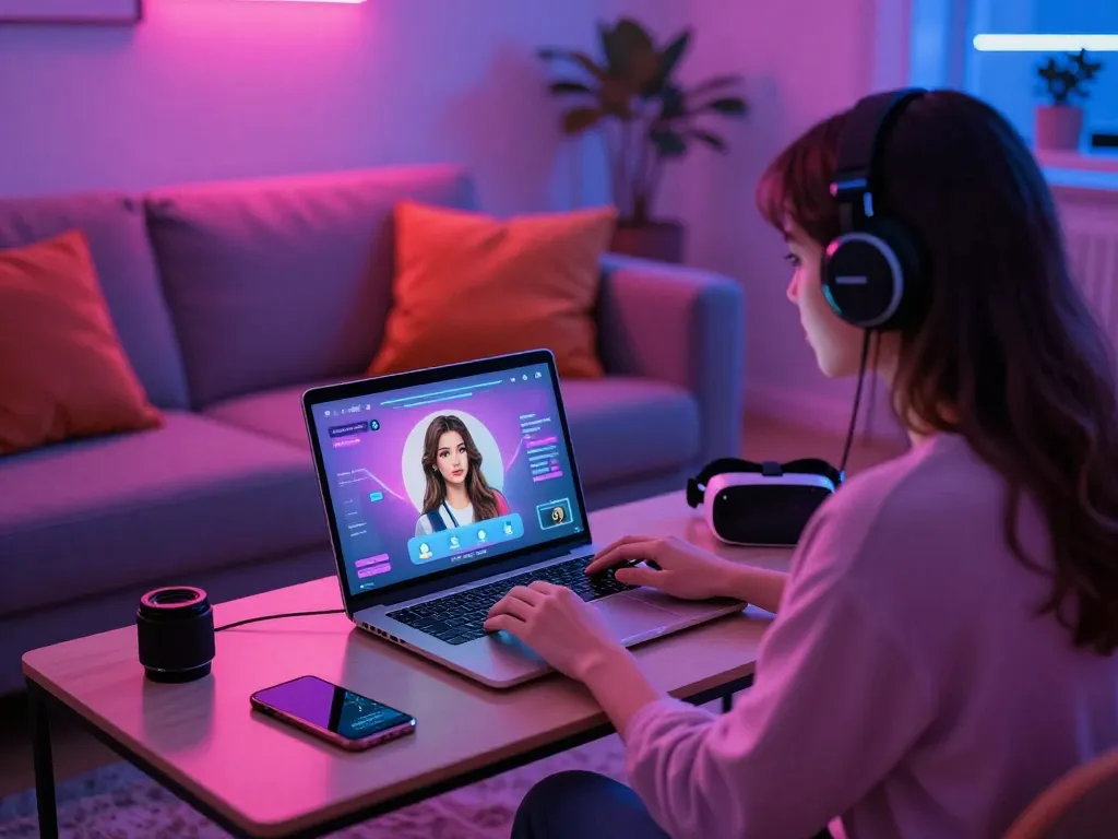 Engaging in an AI sex chat in a cozy digital lounge with avatars on screen.