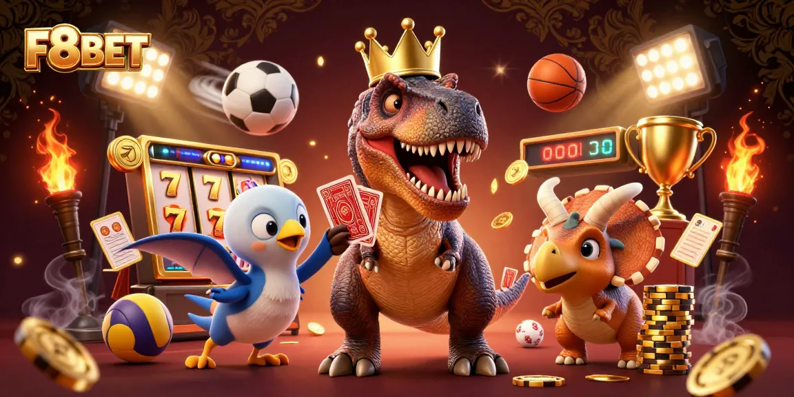 F8BET showcases thrilling gameplay with vibrant characters, slots, and lively sports elements.