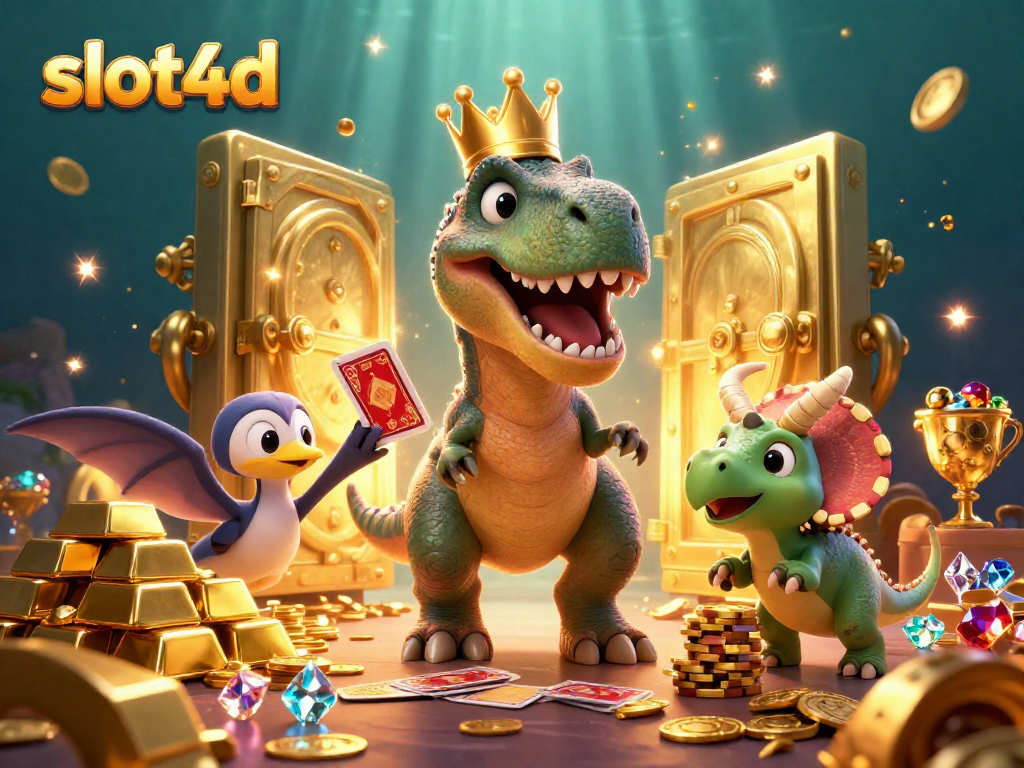 Engage in thrilling casino adventures with slot4d featuring a playful T-Rex, pterodactyl and triceratops amidst riches.