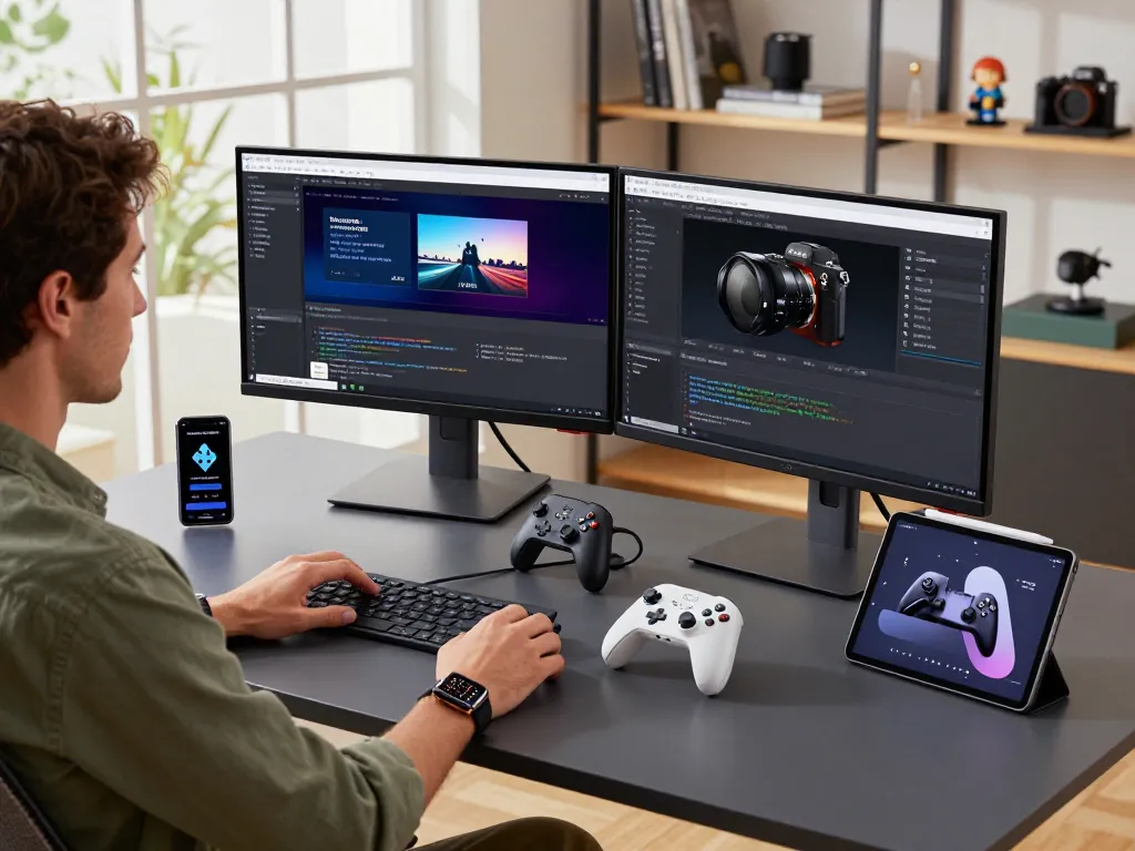 Exploring trending tech gadgets in a modern workspace with Bluetooth devices, showcasing innovative technology and a creative atmosphere.