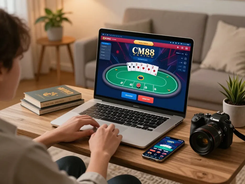CM88 player engaging in poker strategy on smartphone, cozy home gaming setup with warm lighting.