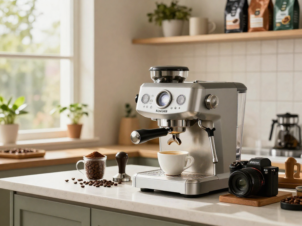 Brewing espresso with ROKOK88 Espresso Machine in a modern kitchen.