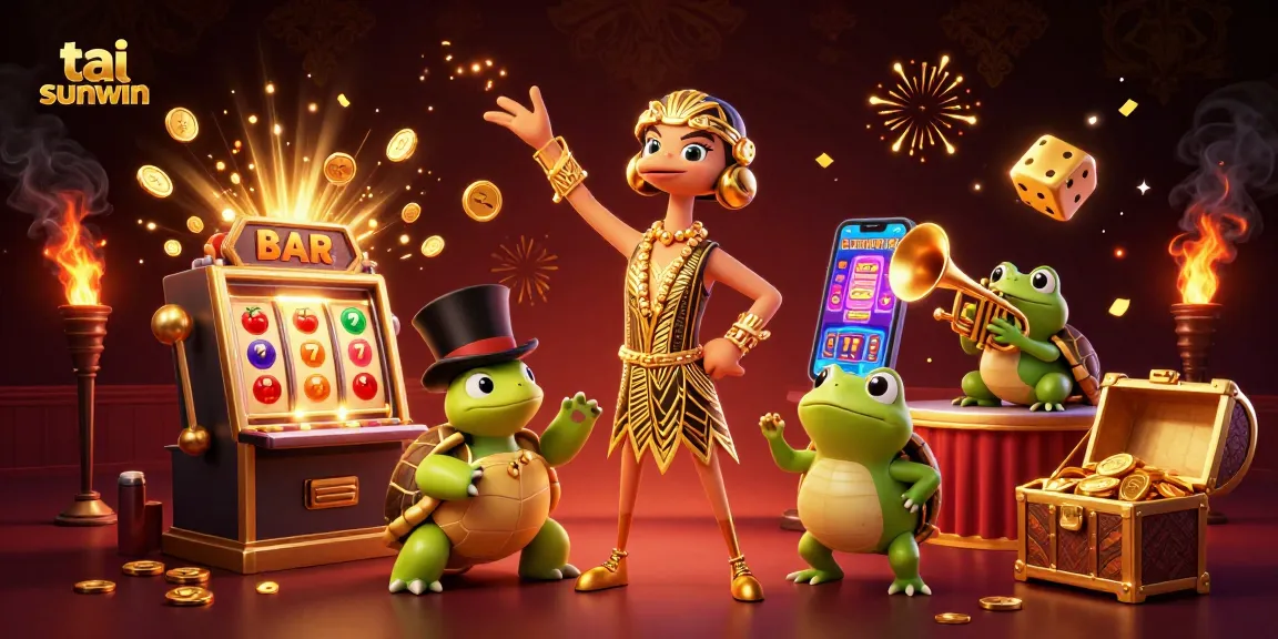 Experience tai sunwin with a lively casino scene featuring a slot machine jackpot and vibrant characters.