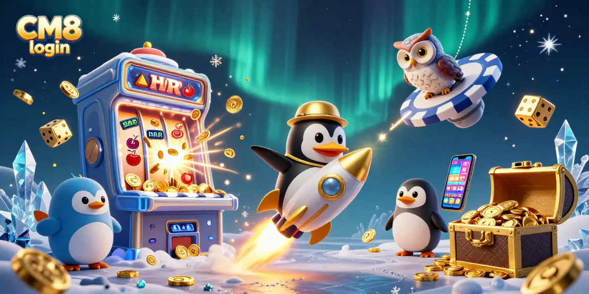 Experience the excitement of CM8 login with a thrilling illustration of a penguin space adventure.