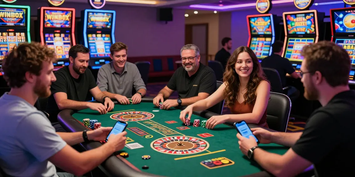 Excited players at Winbox engaging in live casino games, showcasing vibrant atmosphere and mobile gaming.