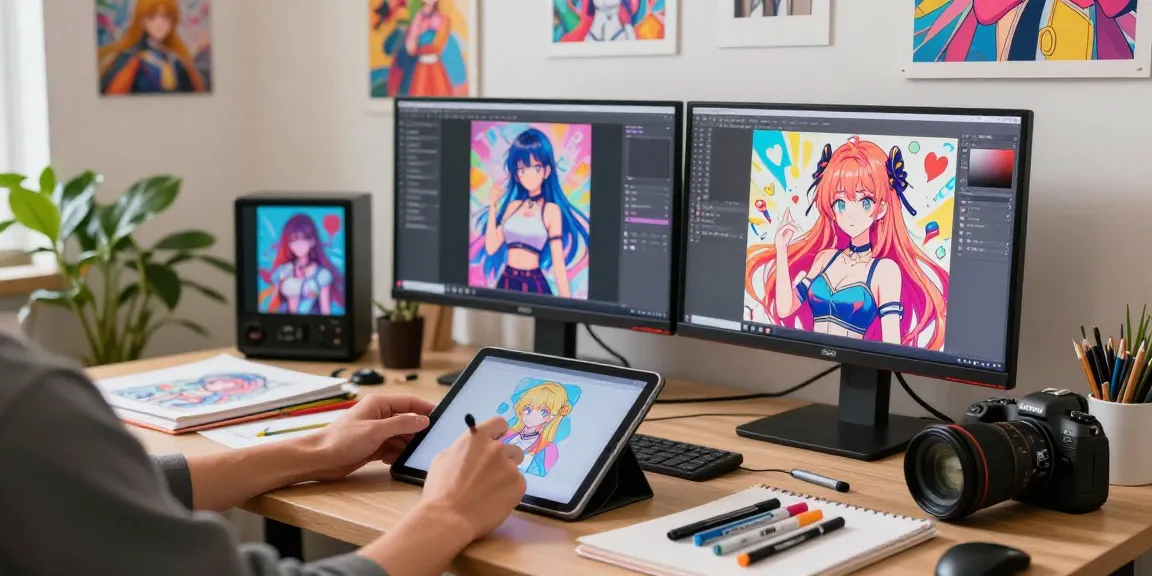 Creating AI ecchi illustrations in a vibrant digital art studio, showcasing artistic creativity and technology.