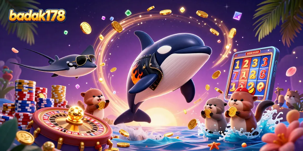 Spin the wheel with badak178's lively casino scene featuring vibrant characters and golden treasures.