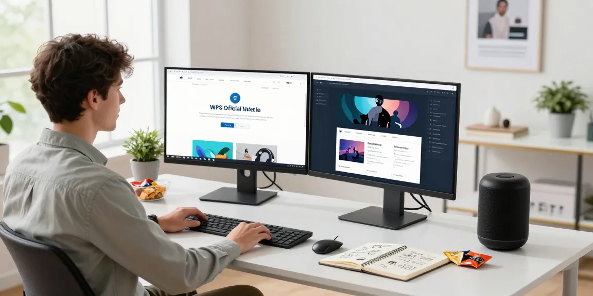 Dynamic workspace with dual monitors showcasing WPS Official Website, focusing on productivity and creativity.