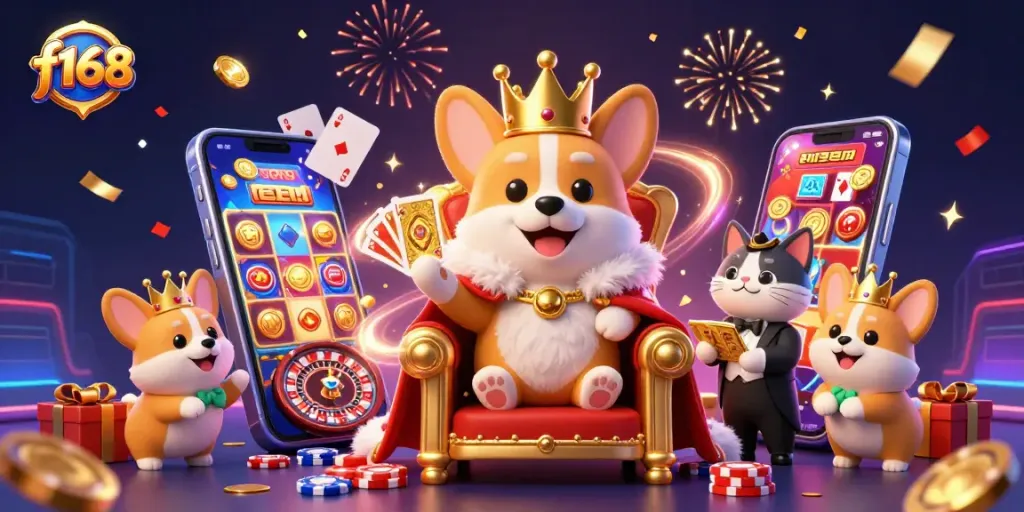 Experience the thrill of f168 as a corgi king reigns over vibrant casino games with golden coins and cards.