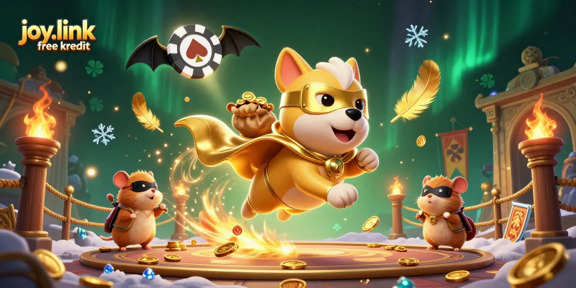 Win big with joy.link free kredit as a superhero dog and hamster promote exciting casino adventures.