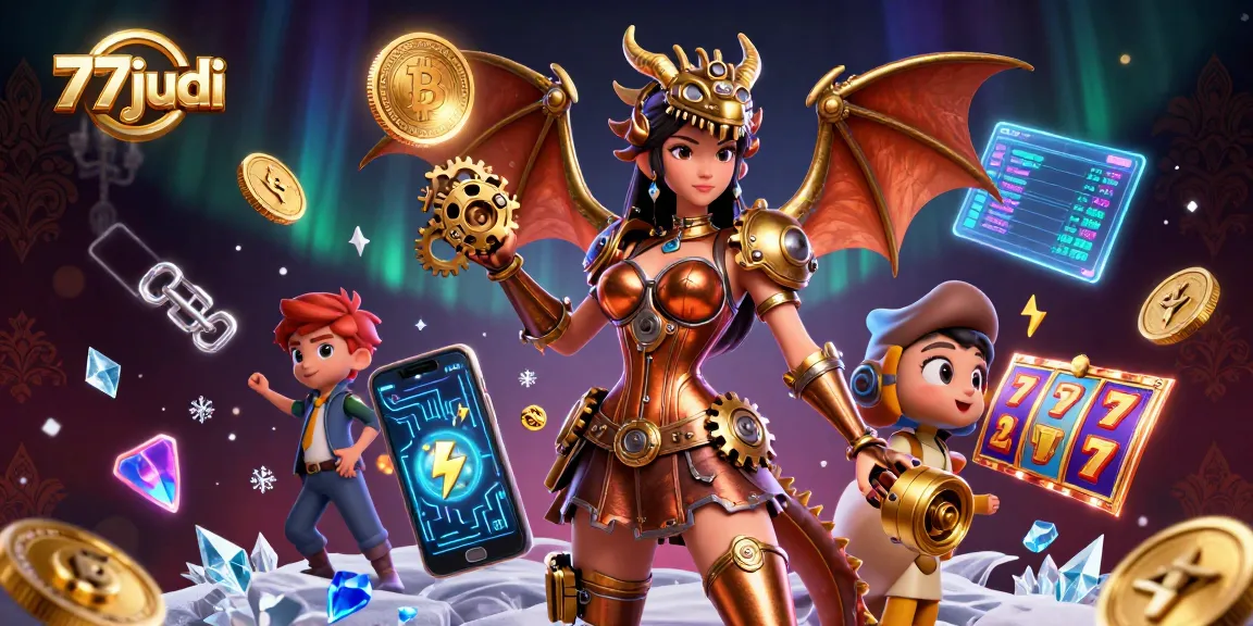 Win big at 77judi with stunning 3D scenes featuring slot machines and crypto elements.