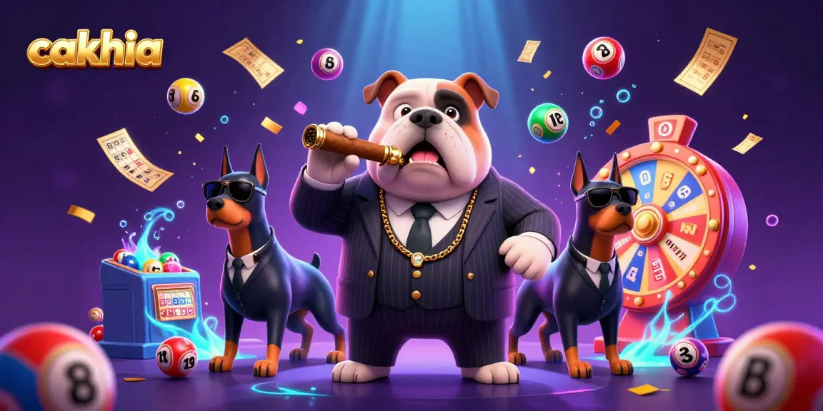 Cakhia showcases an energetic scene with a mafia bulldog and two Dobermans enjoying lottery balls and money rain.