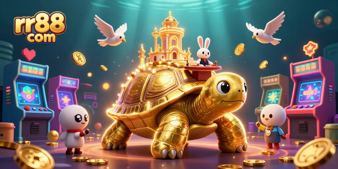 Experience the thrill of rr88 com with golden tortoise and rabbit dealer in a vibrant casino scene bursting with energy.