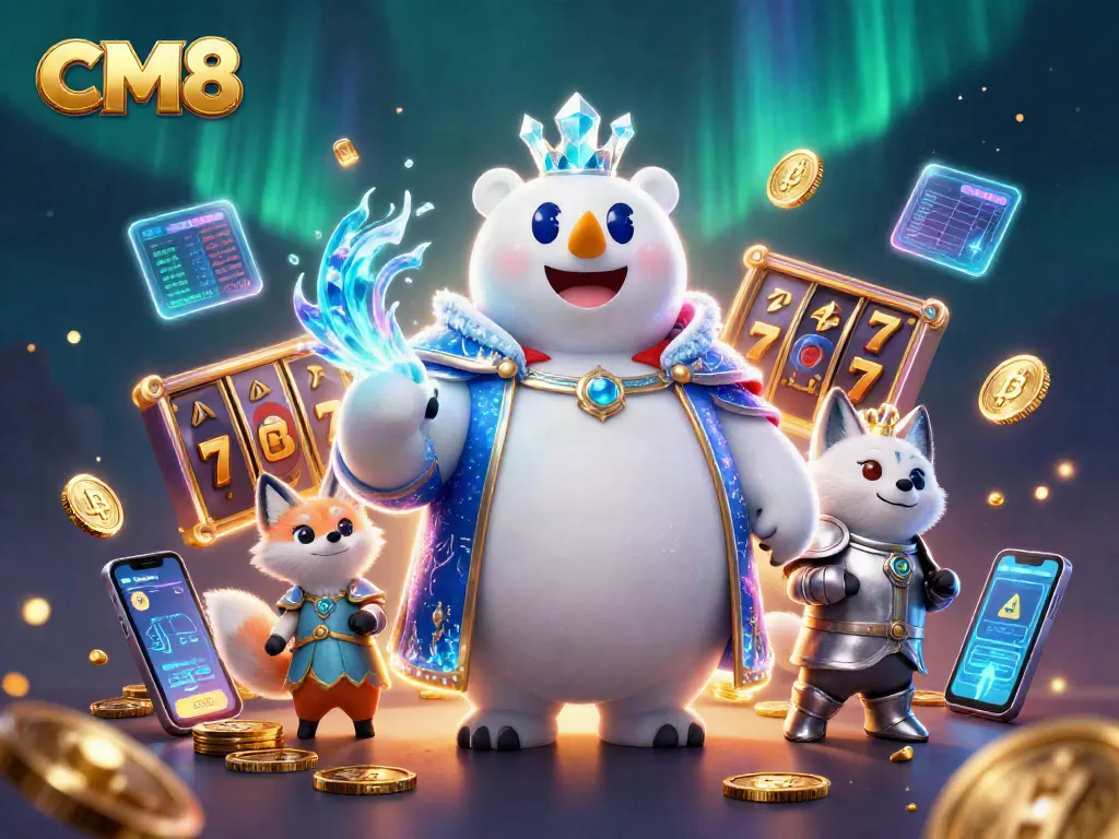 Experience exciting online slots with CM8, featuring vibrant characters and crypto elements for a thrilling gameplay scene.