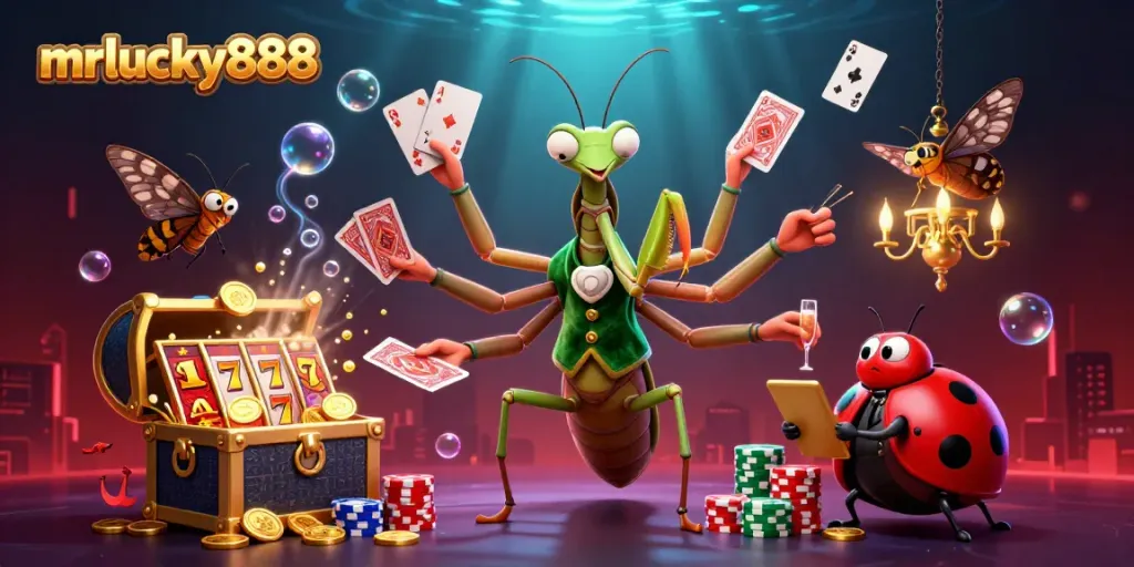 Engage with mrlucky888 as a whimsical mantis and ladybug deal cards in a vibrant casino scene.