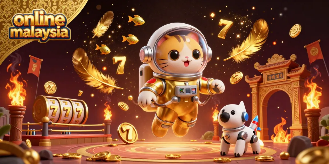 Experience thrilling slot games at online casino malaysia with a vibrant illustration of an astronaut cat and robot dog.