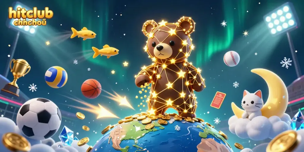 Explore hitclub chính chủ through this vibrant 3D illustration, showcasing a constellation bear and dynamic gaming elements.