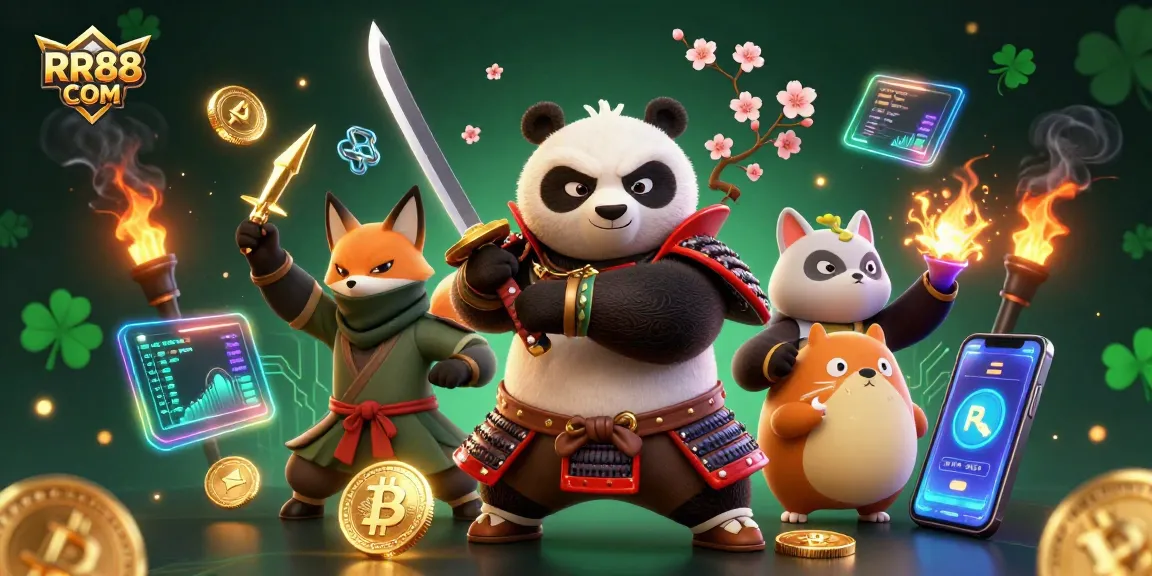 Experience the thrill of betting at RR88 COM with a vibrant 3D scene featuring a samurai panda and ninja fox.