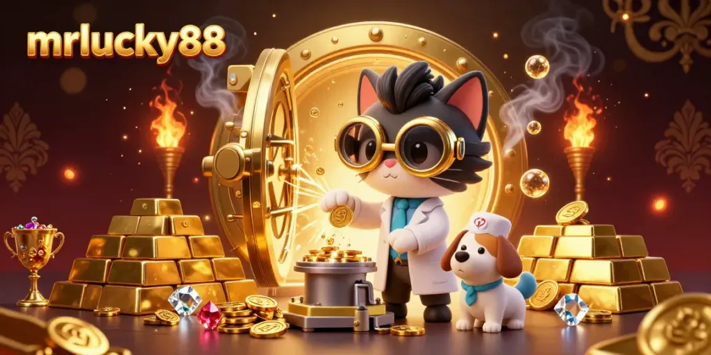 Join the fun at mrlucky88 with a cartoon scientist and dog in a casino-themed lab creating gold coins.