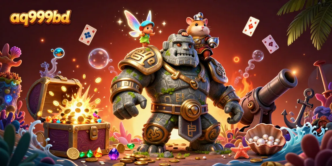 A captivating illustration of aq999bd's gambling adventures showcasing a mystical golem, a fairy, and a hamster knight amidst treasure and games.